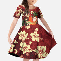 Crimson Red Tropical Christmas Hawaii Tapa Family Matching Short Sleeve Bodycon Dress and Hawaiian Shirt Aloha Santa Drink Party - Polynesian Pride