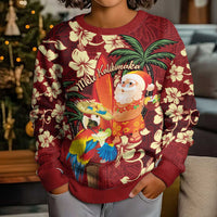 Crimson Red Tropical Christmas Hawaii Tapa Kid Ugly Christmas Sweater Aloha Santa Drink Party - Polynesian Pride