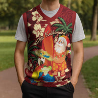 Crimson Red Tropical Christmas Hawaii Tapa Christmas Knitted V-Neck Vest Aloha Santa Drink Party - Polynesian Pride