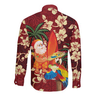 Crimson Red Tropical Christmas Hawaii Tapa Long Sleeve Button Shirt Aloha Santa Drink Party - Polynesian Pride
