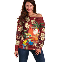 Crimson Red Tropical Christmas Hawaii Tapa Off Shoulder Sweater Aloha Santa Drink Party - Polynesian Pride