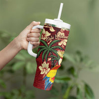 Crimson Red Tropical Christmas Hawaii Tapa Tumbler With Handle Aloha Santa Drink Party - Polynesian Pride