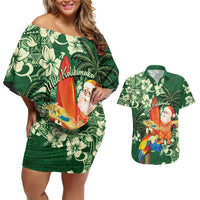 Moss Green Tropical Christmas Hawaii Tapa Couples Matching Off Shoulder Short Dress and Hawaiian Shirt Aloha Santa Drink Party - Polynesian Pride