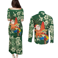 Moss Green Tropical Christmas Hawaii Tapa Couples Matching Puletasi and Long Sleeve Button Shirt Aloha Santa Drink Party - Polynesian Pride