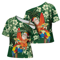 Moss Green Tropical Christmas Hawaii Tapa Cross Shoulder Shirt Aloha Santa Drink Party - Polynesian Pride