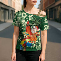 Moss Green Tropical Christmas Hawaii Tapa Cross Shoulder Shirt Aloha Santa Drink Party - Polynesian Pride