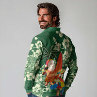Moss Green Tropical Christmas Hawaii Tapa Long Sleeve Polo Shirt Aloha Santa Drink Party - Polynesian Pride