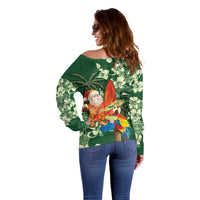 Moss Green Tropical Christmas Hawaii Tapa Off Shoulder Sweater Aloha Santa Drink Party - Polynesian Pride