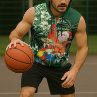 Moss Green Tropical Christmas Hawaii Tapa Sleeveless Zip Hoodie Aloha Santa Drink Party - Polynesian Pride
