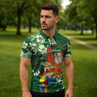Moss Green Tropical Christmas Hawaii Tapa Zipper Polo Shirt Aloha Santa Drink Party - Polynesian Pride