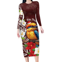 Felis Pasgua Guam Long Sleeve Bodycon Dress Christmas Sihek Kingfisher with Guasali LT7 Long Dress Crimson - Polynesian Pride