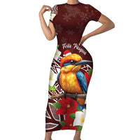Felis Pasgua Guam Short Sleeve Bodycon Dress Christmas Sihek Kingfisher with Guasali LT7 Long Dress Crimson - Polynesian Pride