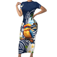 Hafa Adai Guam Short Sleeve Bodycon Dress Sihek Guam Kingfisher with Guasali LT7 Long Dress Navy Blue - Polynesian Pride