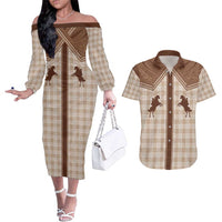 Aloha Hawaii Cowboys Paniolo Couples Matching Off The Shoulder Long Sleeve Dress and Hawaiian Shirt Beige Palaka - Polynesian Pride