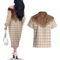 Aloha Hawaii Cowboys Paniolo Couples Matching Off The Shoulder Long Sleeve Dress and Hawaiian Shirt Beige Palaka - Polynesian Pride