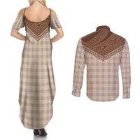 Aloha Hawaii Cowboys Paniolo Couples Matching Summer Maxi Dress and Long Sleeve Button Shirt Beige Palaka - Polynesian Pride