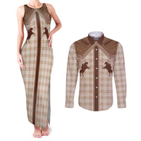 Aloha Hawaii Cowboys Paniolo Couples Matching Tank Maxi Dress and Long Sleeve Button Shirt Beige Palaka - Polynesian Pride