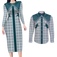 Aloha Hawaii Cowboys Paniolo Couples Matching Long Sleeve Bodycon Dress and Long Sleeve Button Shirt Teal Palaka - Polynesian Pride