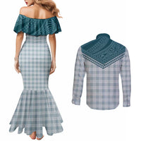 Aloha Hawaii Cowboys Paniolo Couples Matching Mermaid Dress and Long Sleeve Button Shirt Teal Palaka - Polynesian Pride