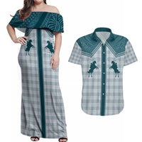 Aloha Hawaii Cowboys Paniolo Couples Matching Off Shoulder Maxi Dress and Hawaiian Shirt Teal Palaka - Polynesian Pride