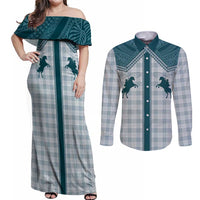 Aloha Hawaii Cowboys Paniolo Couples Matching Off Shoulder Maxi Dress and Long Sleeve Button Shirt Teal Palaka - Polynesian Pride