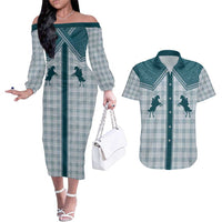 Aloha Hawaii Cowboys Paniolo Couples Matching Off The Shoulder Long Sleeve Dress and Hawaiian Shirt Teal Palaka - Polynesian Pride