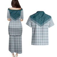 Aloha Hawaii Cowboys Paniolo Couples Matching Puletasi and Hawaiian Shirt Teal Palaka - Polynesian Pride