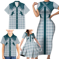 Aloha Hawaii Cowboys Paniolo Family Matching Short Sleeve Bodycon Dress and Hawaiian Shirt Teal Palaka - Polynesian Pride