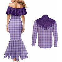 Aloha Hawaii Cowboys Paniolo Couples Matching Mermaid Dress and Long Sleeve Button Shirt Violet Palaka - Polynesian Pride