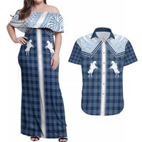 Aloha Hawaii Cowboys Paniolo Couples Matching Off Shoulder Maxi Dress and Hawaiian Shirt Navy Blue Palaka - Polynesian Pride