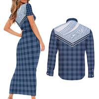 Aloha Hawaii Cowboys Paniolo Couples Matching Short Sleeve Bodycon Dress and Long Sleeve Button Shirt Navy Blue Palaka - Polynesian Pride