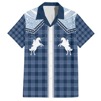 Aloha Hawaii Cowboys Paniolo Family Matching Off Shoulder Short Dress and Hawaiian Shirt Navy Blue Palaka - Polynesian Pride