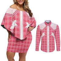 Aloha Hawaii Cowboys Paniolo Couples Matching Off Shoulder Short Dress and Long Sleeve Button Shirt Rose Palaka - Polynesian Pride