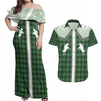 Aloha Hawaii Cowboys Paniolo Couples Matching Off Shoulder Maxi Dress and Hawaiian Shirt Forest Green Palaka - Polynesian Pride