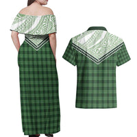Aloha Hawaii Cowboys Paniolo Couples Matching Off Shoulder Maxi Dress and Hawaiian Shirt Forest Green Palaka - Polynesian Pride