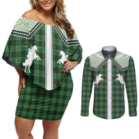 Aloha Hawaii Cowboys Paniolo Couples Matching Off Shoulder Short Dress and Long Sleeve Button Shirt Forest Green Palaka - Polynesian Pride