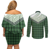 Aloha Hawaii Cowboys Paniolo Couples Matching Off Shoulder Short Dress and Long Sleeve Button Shirt Forest Green Palaka - Polynesian Pride