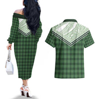 Aloha Hawaii Cowboys Paniolo Couples Matching Off The Shoulder Long Sleeve Dress and Hawaiian Shirt Forest Green Palaka - Polynesian Pride