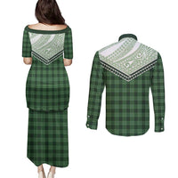 Aloha Hawaii Cowboys Paniolo Couples Matching Puletasi and Long Sleeve Button Shirt Forest Green Palaka - Polynesian Pride