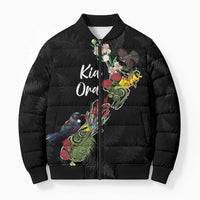 Kia Ora New Zealand Floral Personalized Bomber Puffer Jacket Black - Polynesian Pride