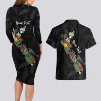 Kia Ora New Zealand Floral Personalized Couples Matching Long Sleeve Bodycon Dress and Hawaiian Shirt Black - Polynesian Pride