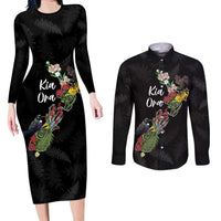 Kia Ora New Zealand Floral Personalized Couples Matching Long Sleeve Bodycon Dress and Long Sleeve Button Shirt Black - Polynesian Pride
