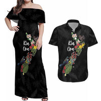 Kia Ora New Zealand Floral Personalized Couples Matching Off Shoulder Maxi Dress and Hawaiian Shirt Black - Polynesian Pride