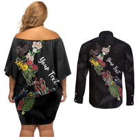 Kia Ora New Zealand Floral Personalized Couples Matching Off Shoulder Short Dress and Long Sleeve Button Shirt Black - Polynesian Pride