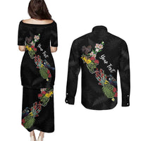 Kia Ora New Zealand Floral Personalized Couples Matching Puletasi and Long Sleeve Button Shirt Black LT7 - Polynesian Pride
