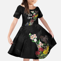 Kia Ora New Zealand Floral Personalized Family Matching Off Shoulder Short Dress and Hawaiian Shirt Black - Polynesian Pride
