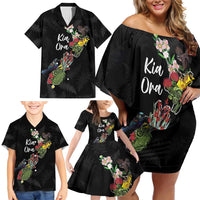 Kia Ora New Zealand Floral Personalized Family Matching Off Shoulder Short Dress and Hawaiian Shirt Black - Polynesian Pride