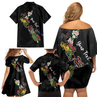 Kia Ora New Zealand Floral Personalized Family Matching Off Shoulder Short Dress and Hawaiian Shirt Black - Polynesian Pride