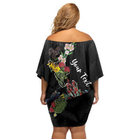 Kia Ora New Zealand Floral Personalized Family Matching Off Shoulder Short Dress and Hawaiian Shirt Black - Polynesian Pride