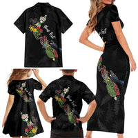 Kia Ora New Zealand Floral Personalized Family Matching Short Sleeve Bodycon Dress and Hawaiian Shirt Black - Polynesian Pride